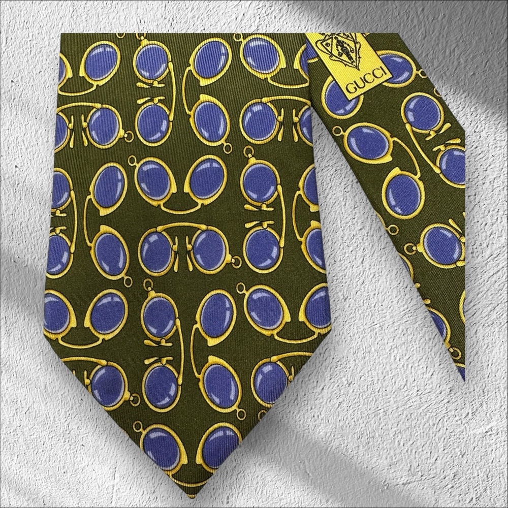 GUCCI Vintage Silk Avocado, Purple & Gold Neck Tie Glasses Spectacles Print - Picture 8 of 13